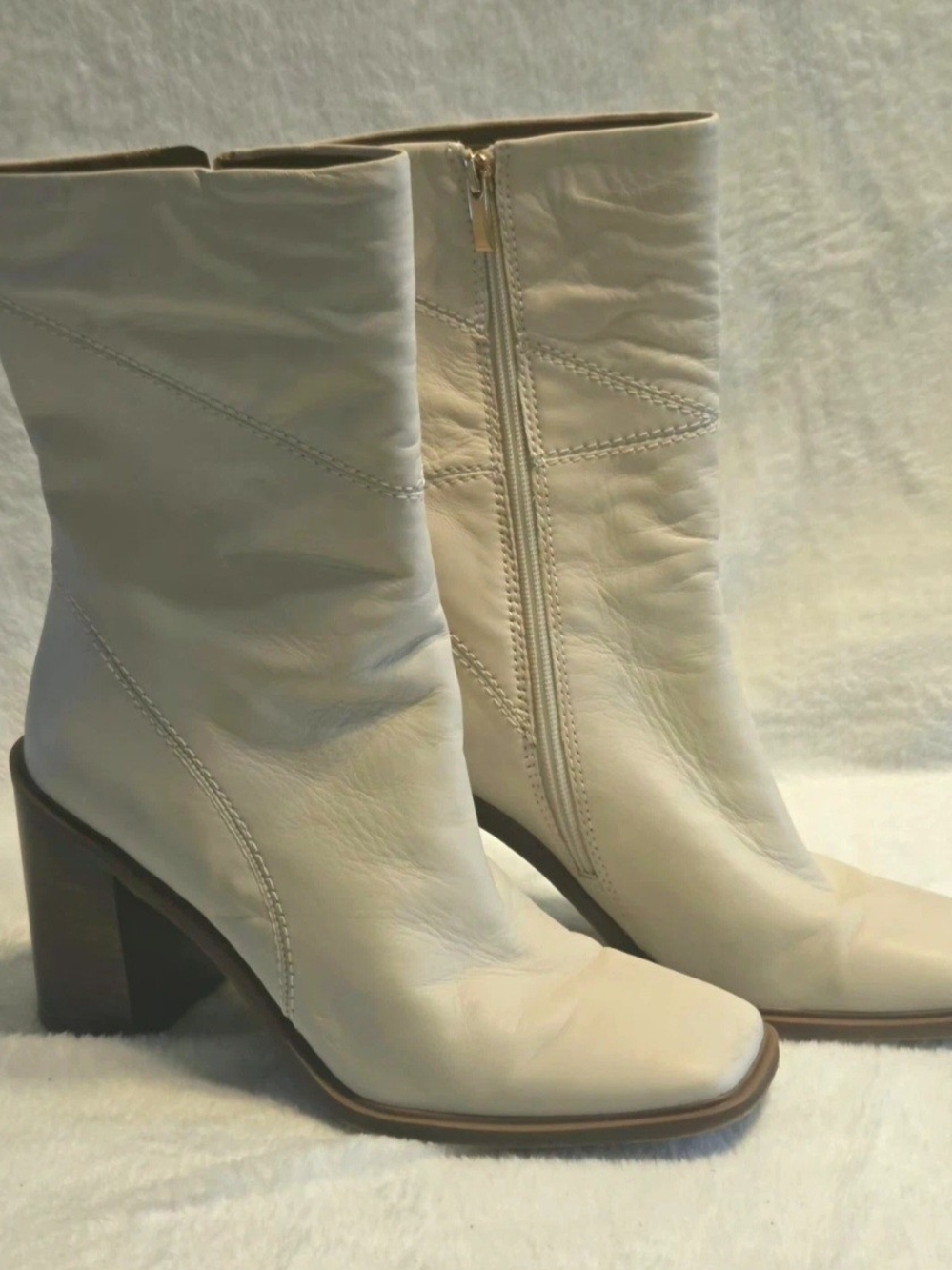 Franco Sarto Women’s Beige Leather Mid-Calf Zip Square Toe Booties 10 M